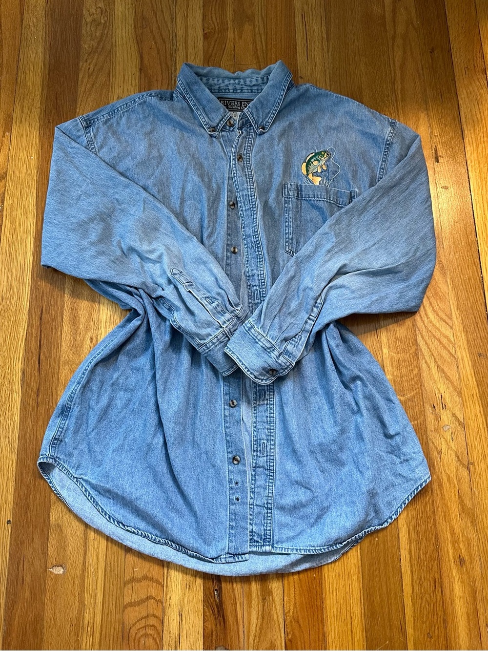 Vintage Rivers End long-sleeve denim shirt featuring a bass fish embroidery